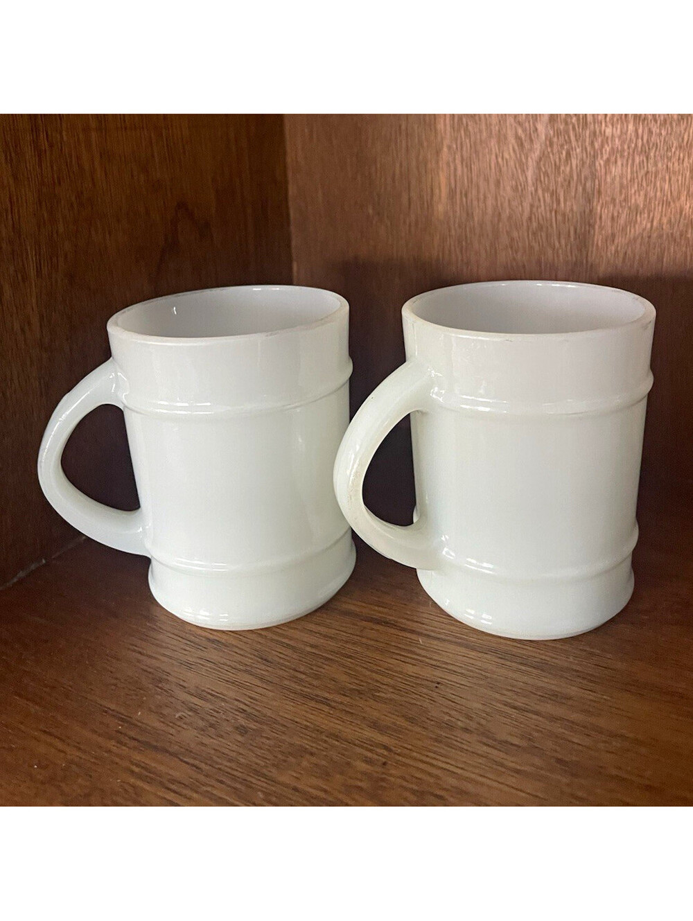 Vintage Federal Glass White Milk Glass Barrel Mugs Set of 2 Coffee Cups USA